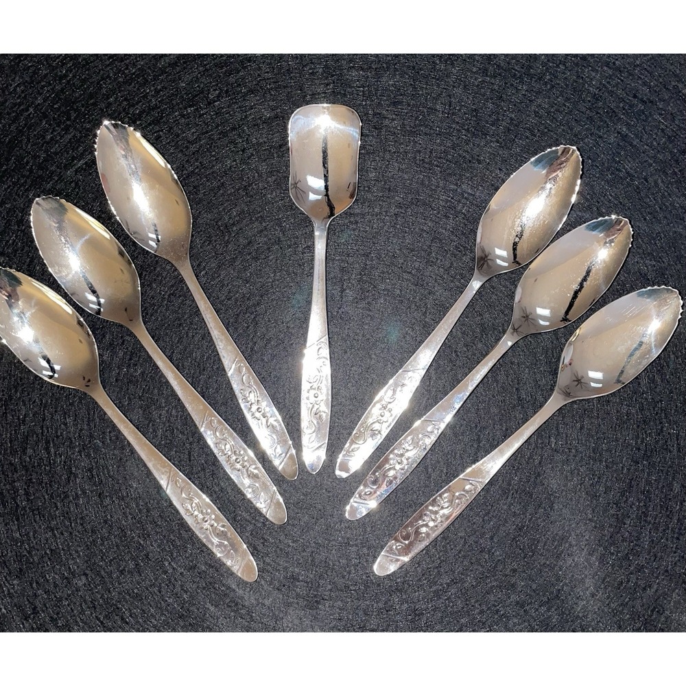 Vintage 1960s Eales 1779 Sheffield England Sugar & 6 Grapefruit Spoons Flatware